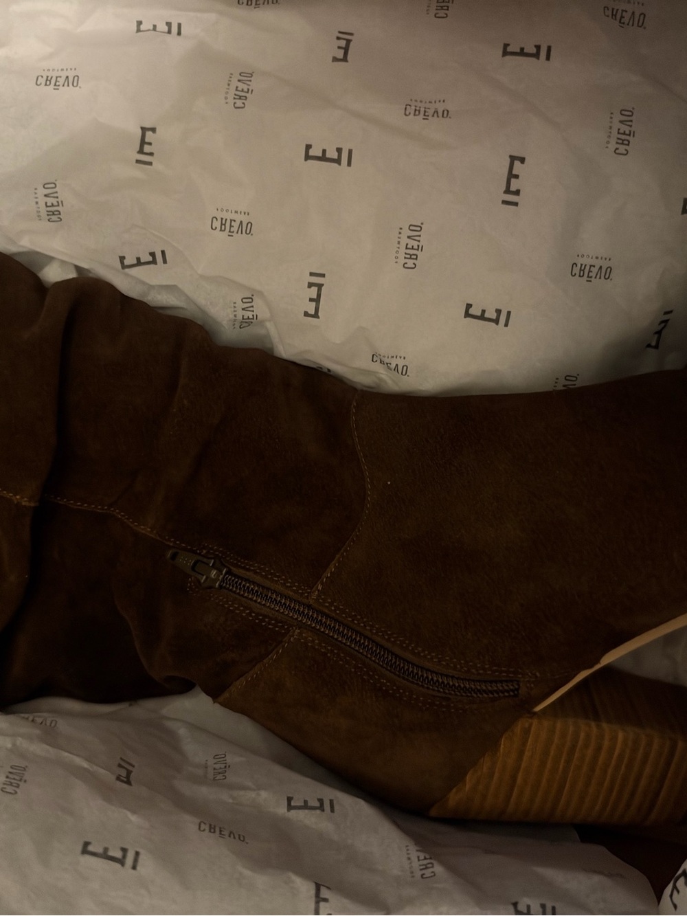Crevo Brown Suede Mid-Calf Heeled Boots with Side Zip